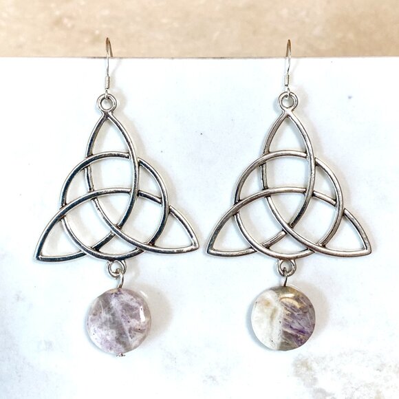 2/$20, Genuine Purple Opalized Fluorite Celtic Trinity Sterling Silver Earrings - Picture 2 of 9